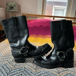 Frye Black Leather Harness Combat Boots